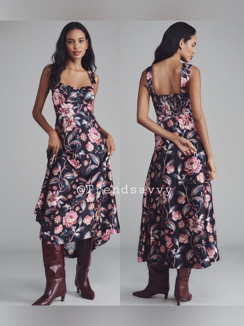 Anthropologie Maeve Jocelyn Floral Slip Midi Dress Black Pink Wedding Guest L